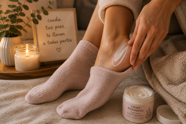 cuidado intensivo de los pies con crema reparadora y calcetines