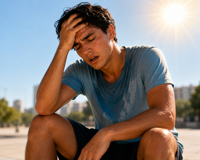 Hombre con golpe de calor haciendo ejercicio