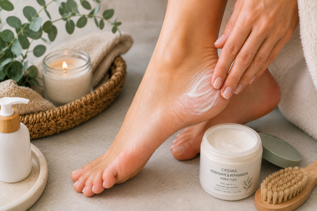 Aplicaci´`on de crema hidratante para pies secos y talones