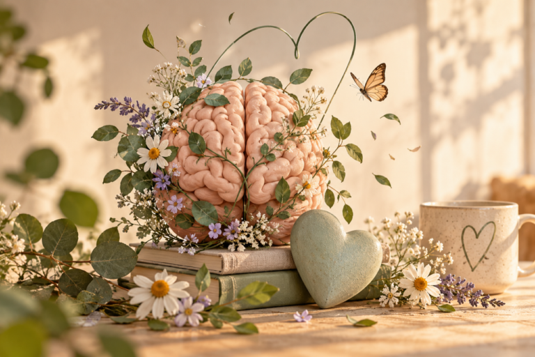 Cerebro con flores respresentando el cuidado de la salud mental y el bienestar emocional